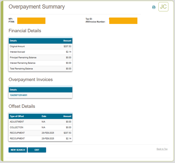 Overpayment Summary AR Number