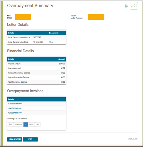Overpayment Summary Letter Number