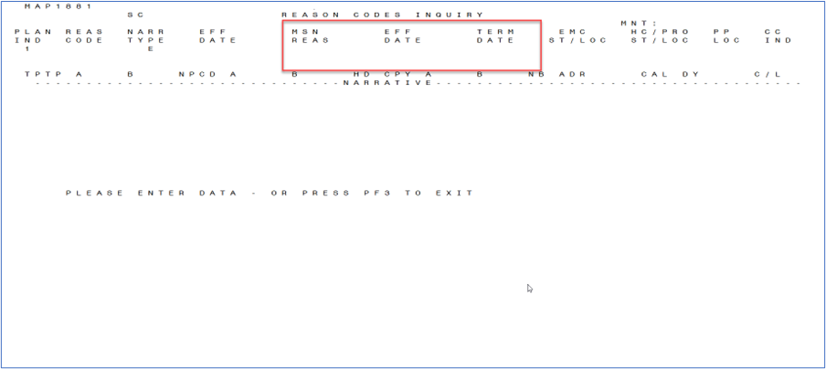 MAP175J881 with MSN REAS, EFF DATE, and TERM DATE highlighted