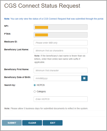 This screen lets you view the status of any CGS Connect request you've submitted through the portal to Jurisdiction B or C.