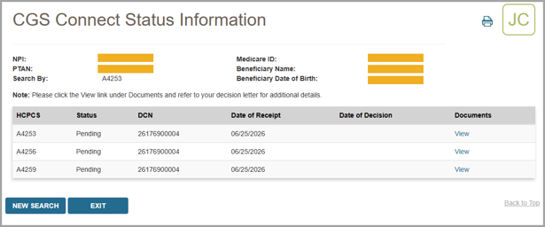 This screen lets you view the status of any CGS Connect request you've submitted through the portal to Jurisdiction B or C.
