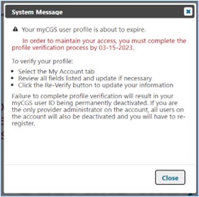 Image of alert stating profile verification is required to avoid profile expiration.