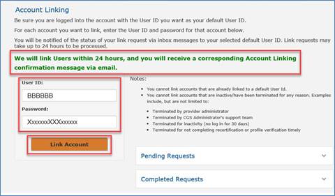 Image of Link Accounts sub-tab showing confirmation message.