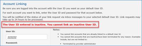 Image of Link Accounts sub-tab showing error message for inactive user ID.