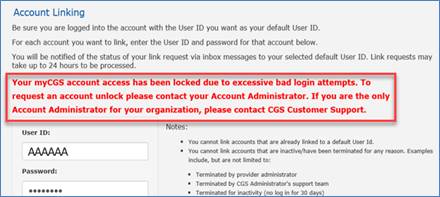 Image of Link Accounts sub-tab showing error message for locked account.