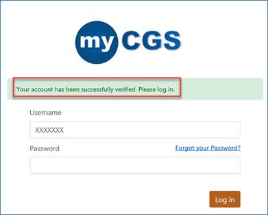 Image of myCGS login screen showing confirmation message of account verification.