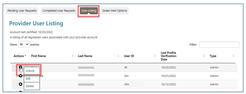 Provider User Listing