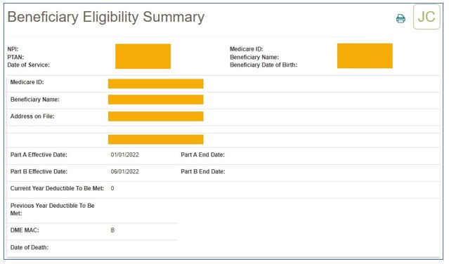 Imagen de la pantalla de myCGS que muestra el resumen de la elegibilidad del beneficiario