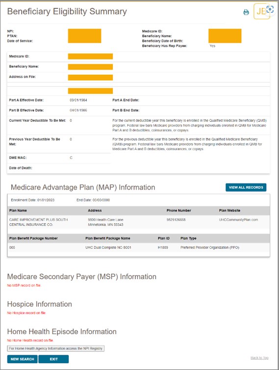 Imagen de la pantalla de myCGS que muestra el resumen de la elegibilidad del beneficiario