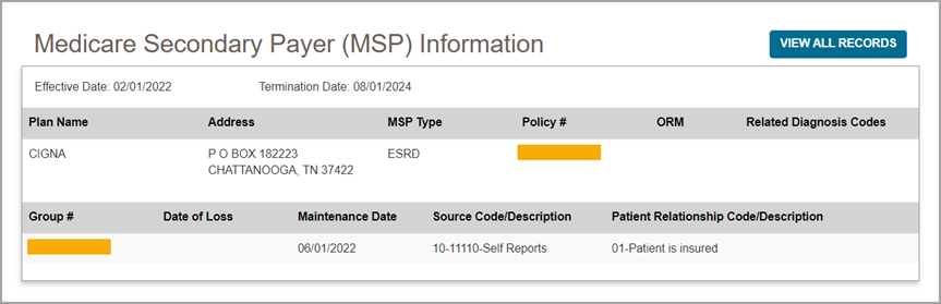 Imagen de la pantalla de la información del MSP en myCGS