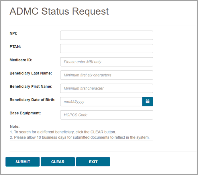 Imagen de la pantalla de solicitud del estatus de la ADMC