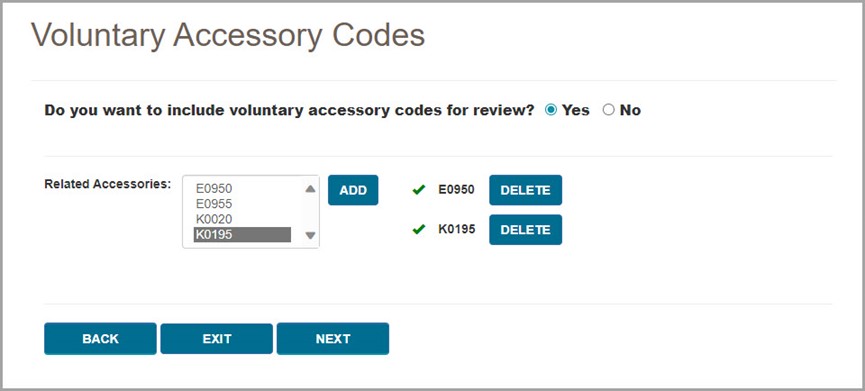 Imagen de la pantalla de myCGS para la selección de los códigos de accesorios que desea enviar